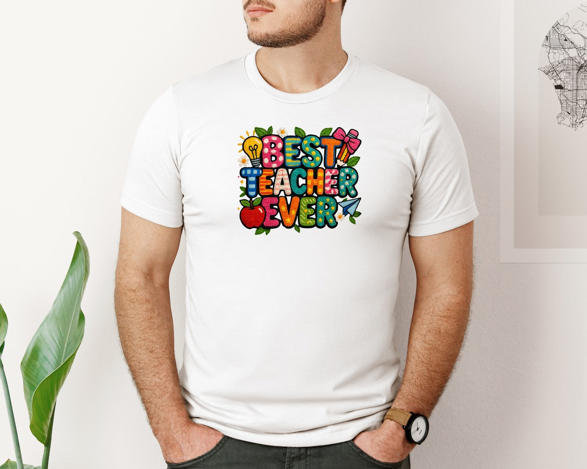 brand:Bella Canvas|color:White|Faux Yarn Best Teacher Ever Teach Love Graphic T-Shirt