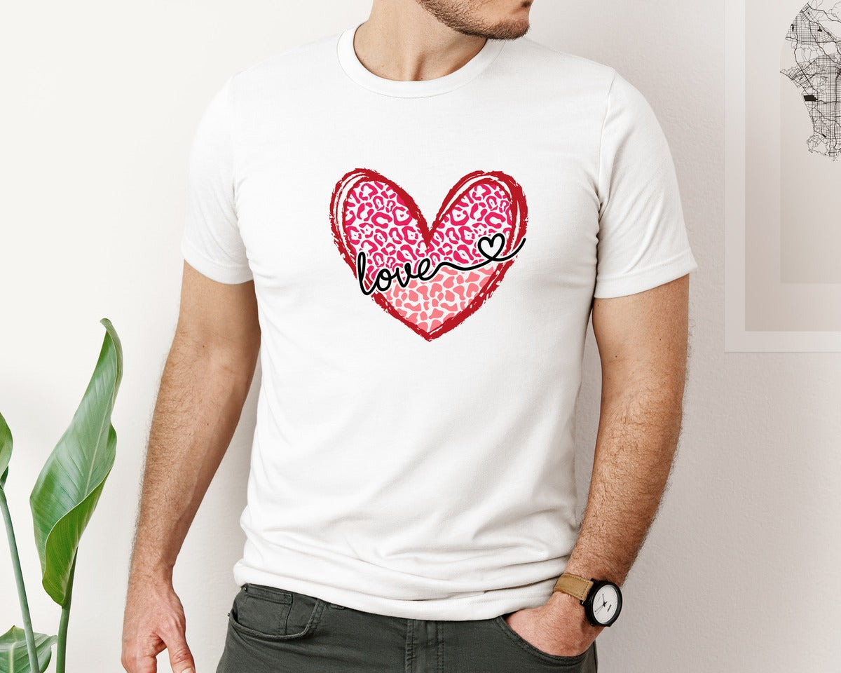 brand:Bella Canvas|color:White|Leopard Love Valentine Heart Graphic T-Shirt