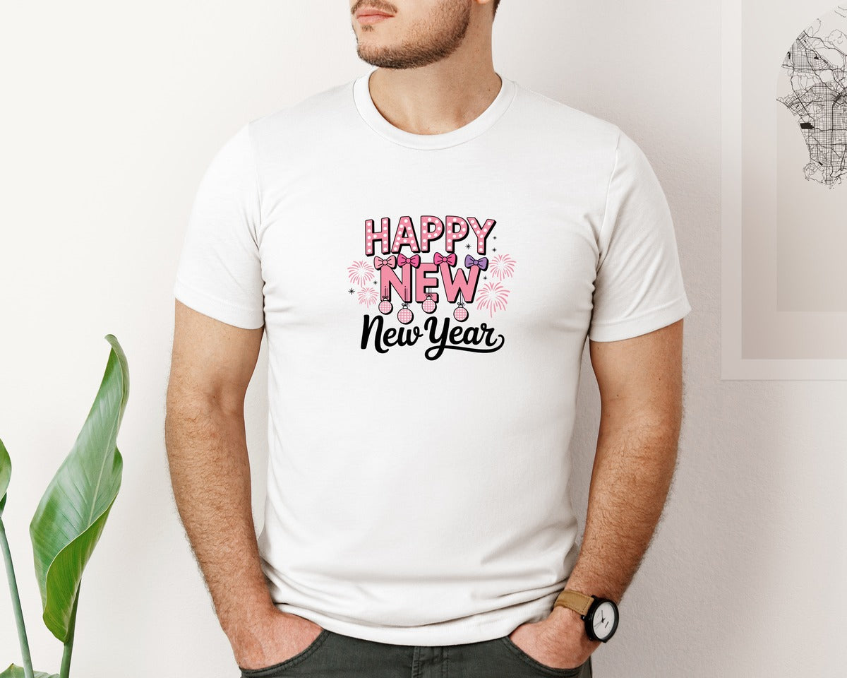 brand:Bella Canvas|color:White|Happy New Year 2026 Pink Coquette 6 Graphic T-Shirt