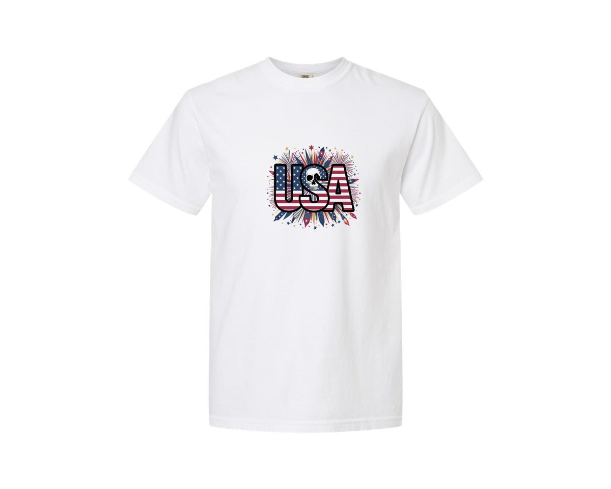 brand:Comfort Colors|color:White|Usa Skull Fireworks 4Th Of July T Shirt 2 Graphic T-Shirt