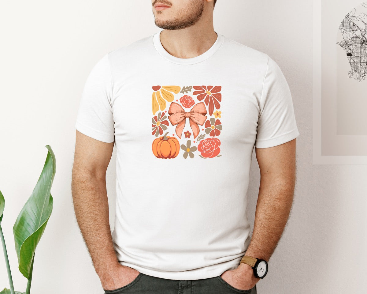 brand:Bella Canvas|color:White|Boho Fall Pumpkin Coquette 2 Graphic T-Shirt