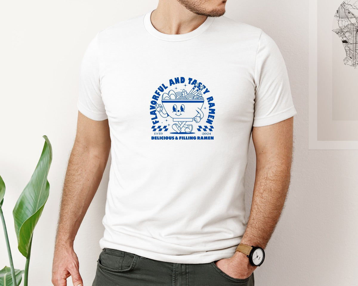 brand:Bella Canvas|color:White|Retro Ramen Noodle Cartoon Mascot Design Graphic T-Shirt