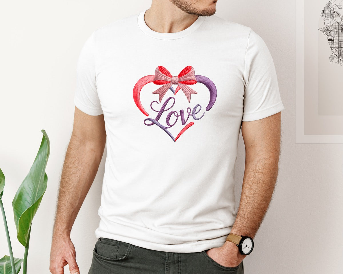 brand:Bella Canvas|color:White|Love Embroidery File Valentine Machine Graphic T-Shirt