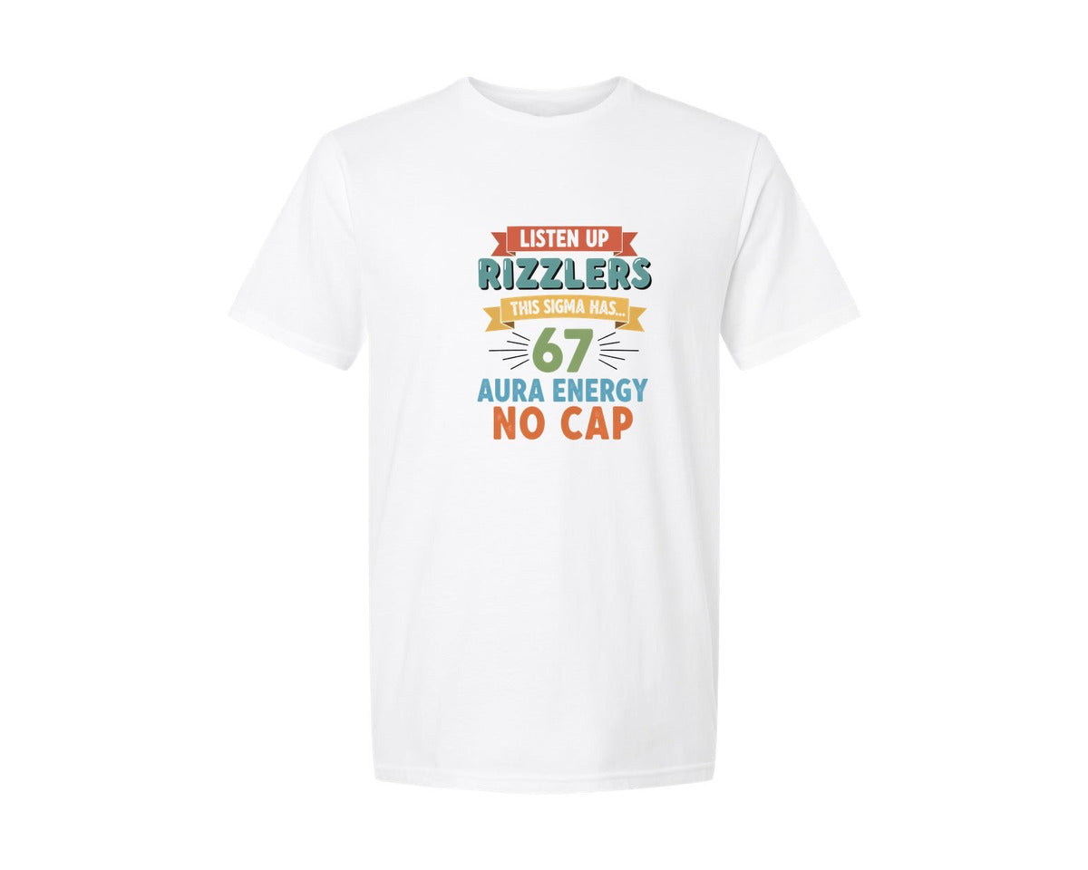brand:Generic|color:White|Sigma Rizzlers 67 Aura Energy Meme Graphic T-Shirt