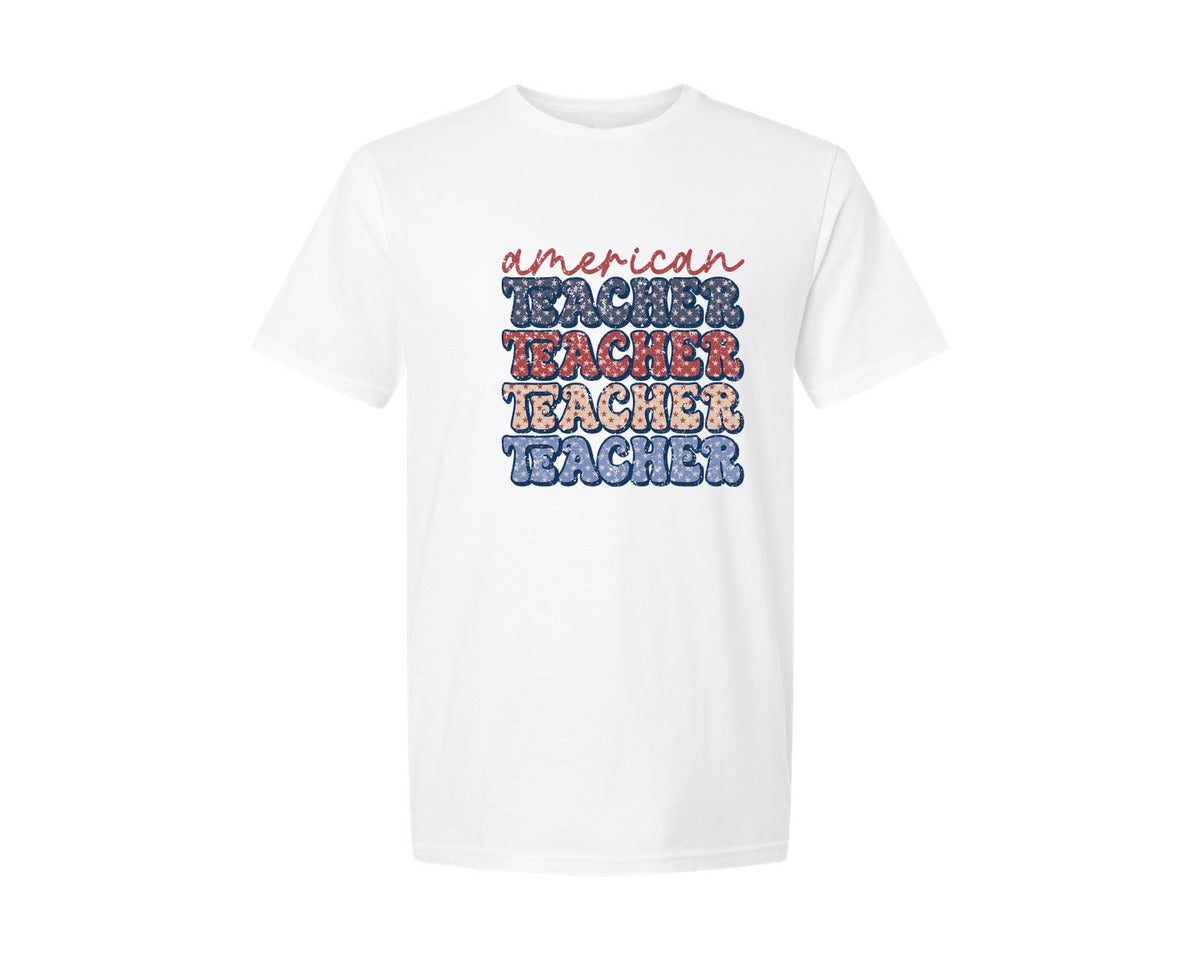 brand:Generic|color:White|Retro American Teacher 4Th Of July Graphic T-Shirt