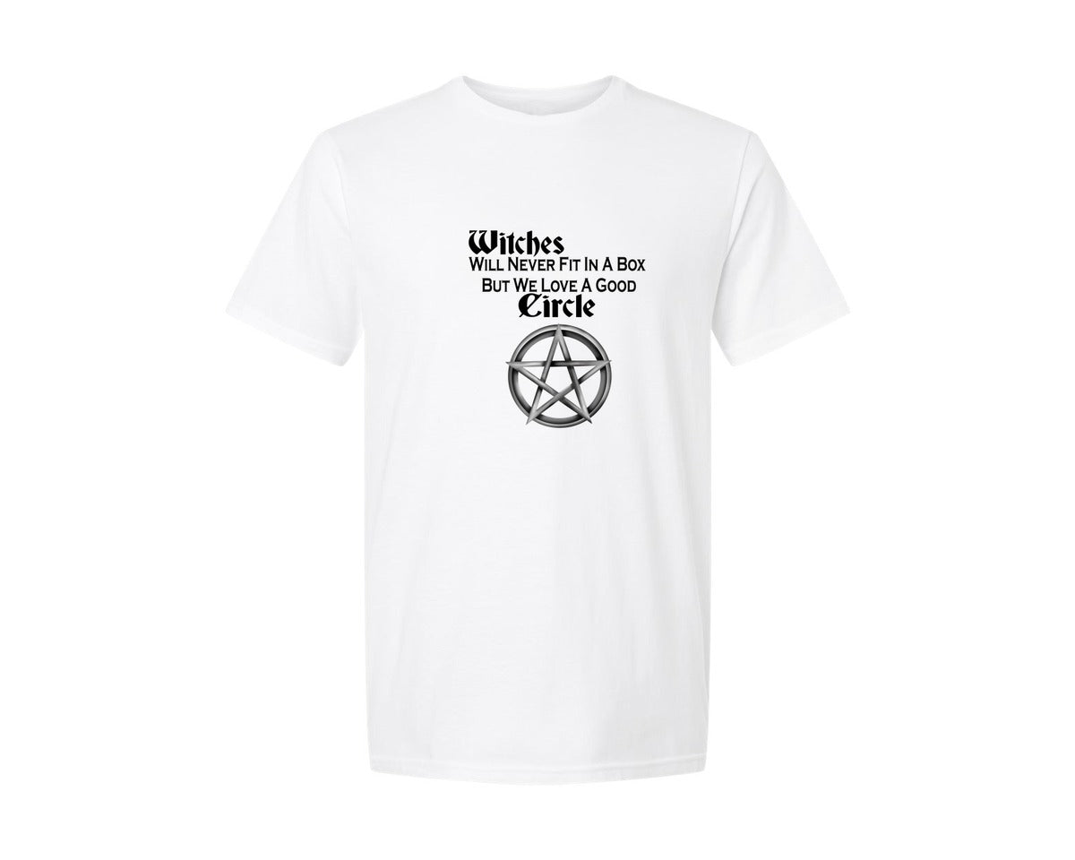 brand:Generic|color:White|Witches Will Never Fit In A Box Circle Graphic T-Shirt