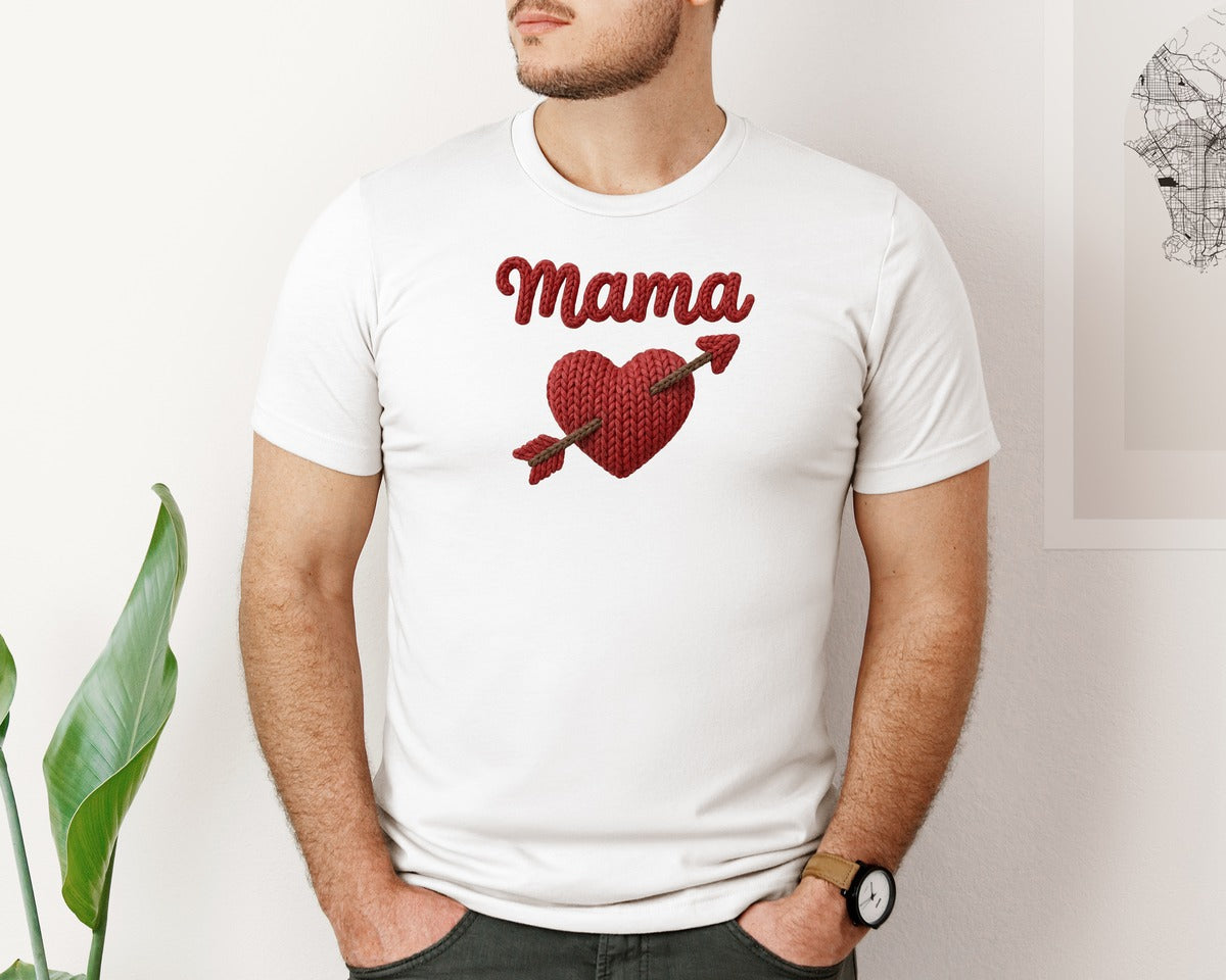 brand:Bella Canvas|color:White|Faux Yarn Knitted Mama Love Heart 2 Graphic T-Shirt