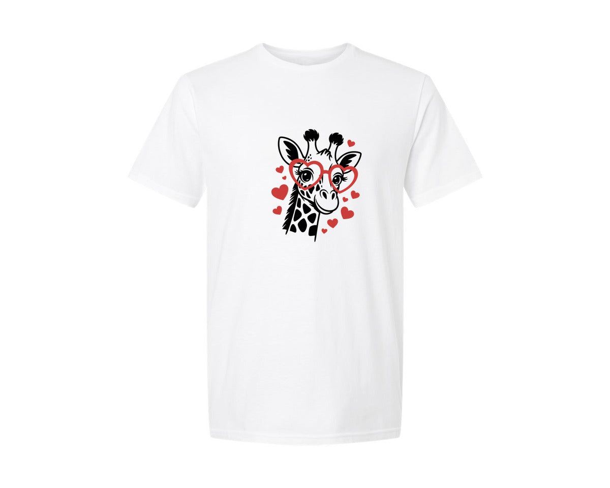 brand:Generic|color:White|Valentine Giraffe Cute Heart Glasses Graphic T-Shirt