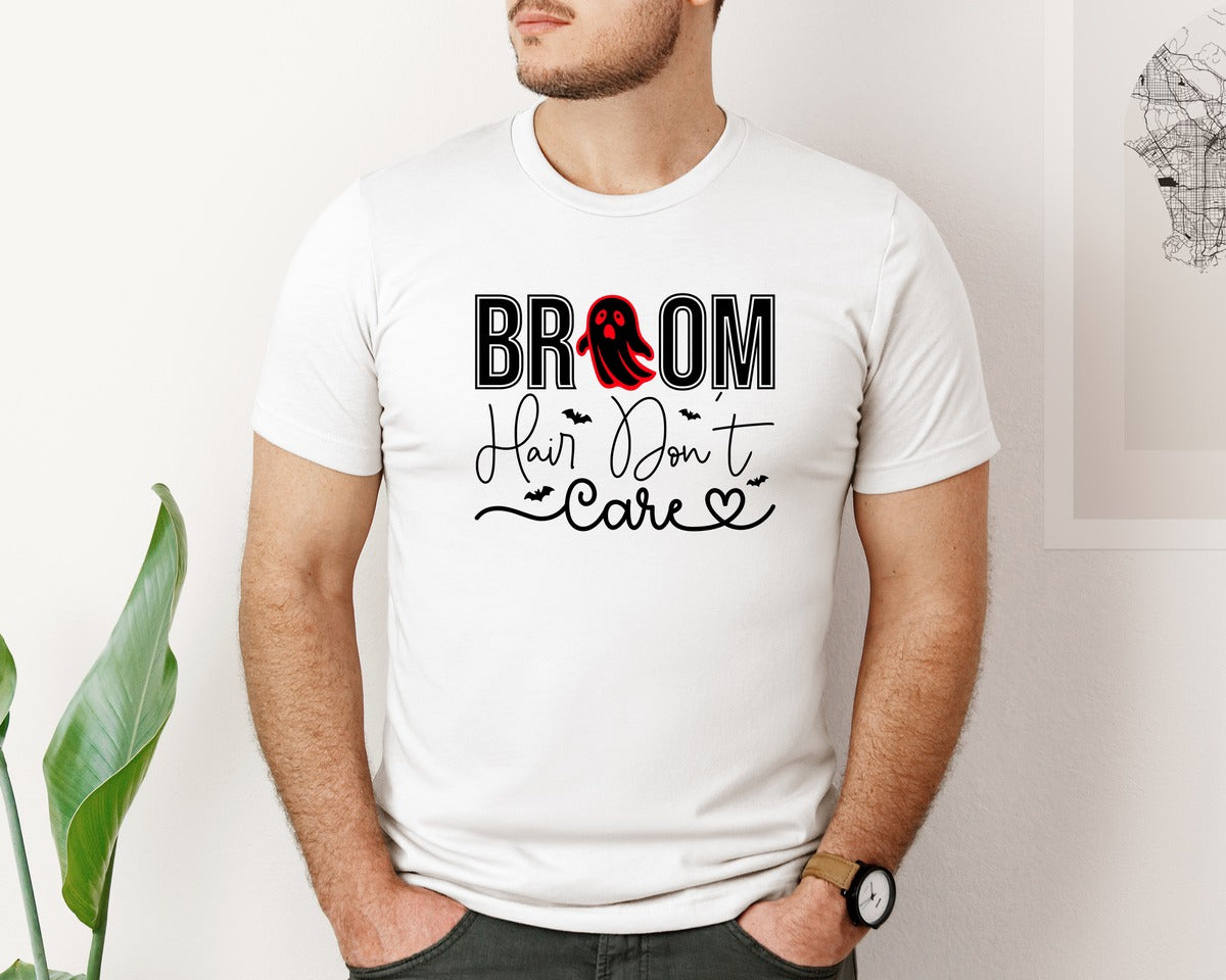 brand:Bella Canvas|color:White|Broom Hair Dont Care Halloween Graphic T-Shirt