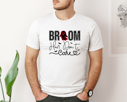 brand:Bella Canvas|color:White|Broom Hair Dont Care Halloween Graphic T-Shirt