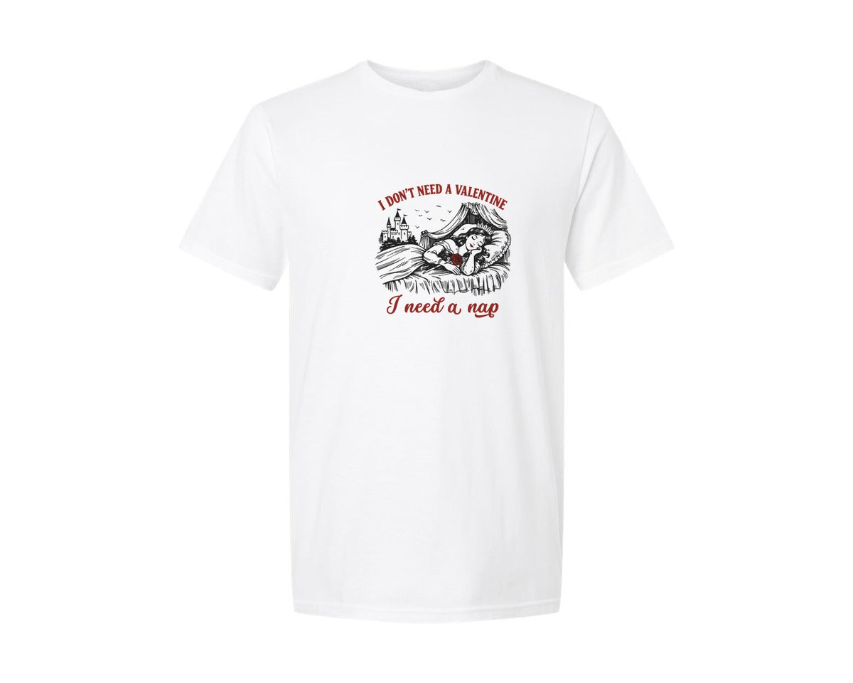 brand:Generic|color:White|I Need A Nap Funny Single Valentine Graphic T-Shirt