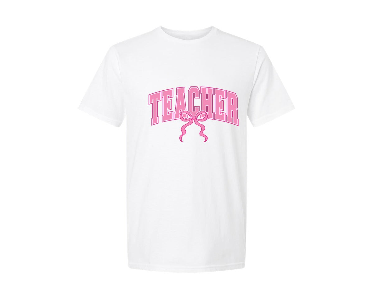 brand:Generic|color:White|Teacher Coquette Pink Bow Teach Varsity Graphic T-Shirt