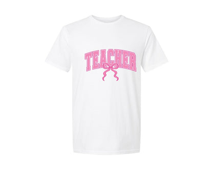 brand:Generic|color:White|Teacher Coquette Pink Bow Teach Varsity Graphic T-Shirt