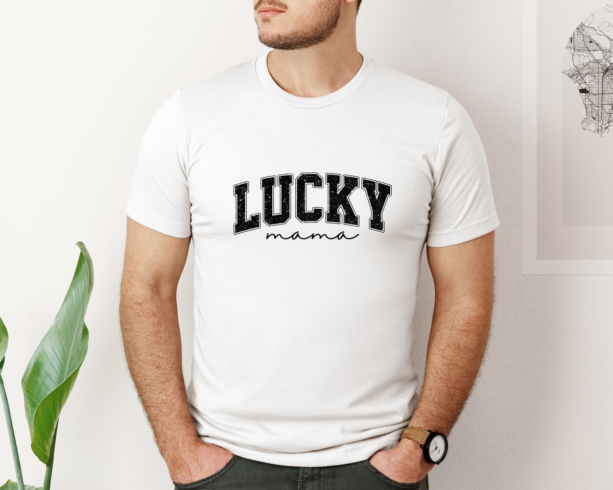 brand:Bella Canvas|color:White|Lucky Mama Retro Varsity Graphic T-Shirt