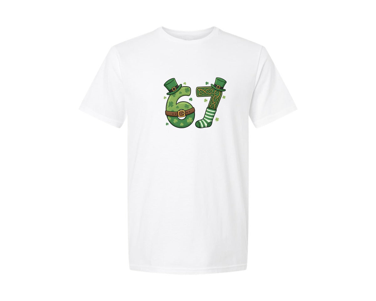brand:Generic|color:White|Lucky Number 67 Leprechaun Hat Graphic T-Shirt
