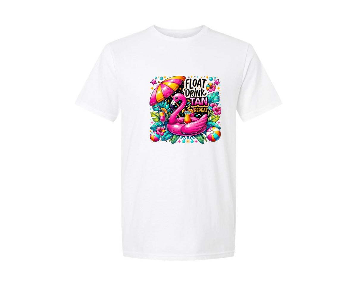 brand:Generic|color:White|Summer Beach Float Drink Tan Graphic T-Shirt