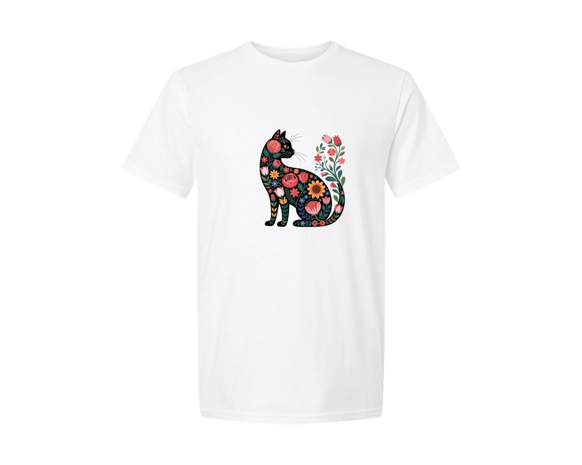 brand:Generic|color:White|Black Folk Floral Cat Graphic T-Shirt