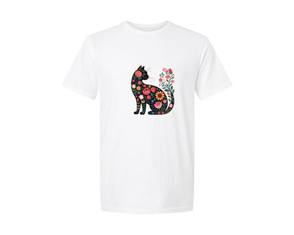 brand:Generic|color:White|Black Folk Floral Cat Graphic T-Shirt