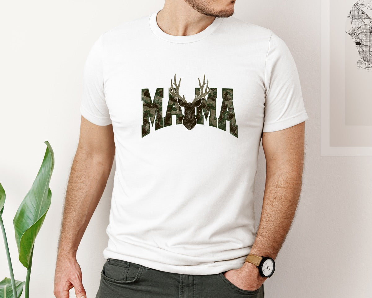 brand:Bella Canvas|color:White|Camo Mama Varsity Hunting Graphic T-Shirt