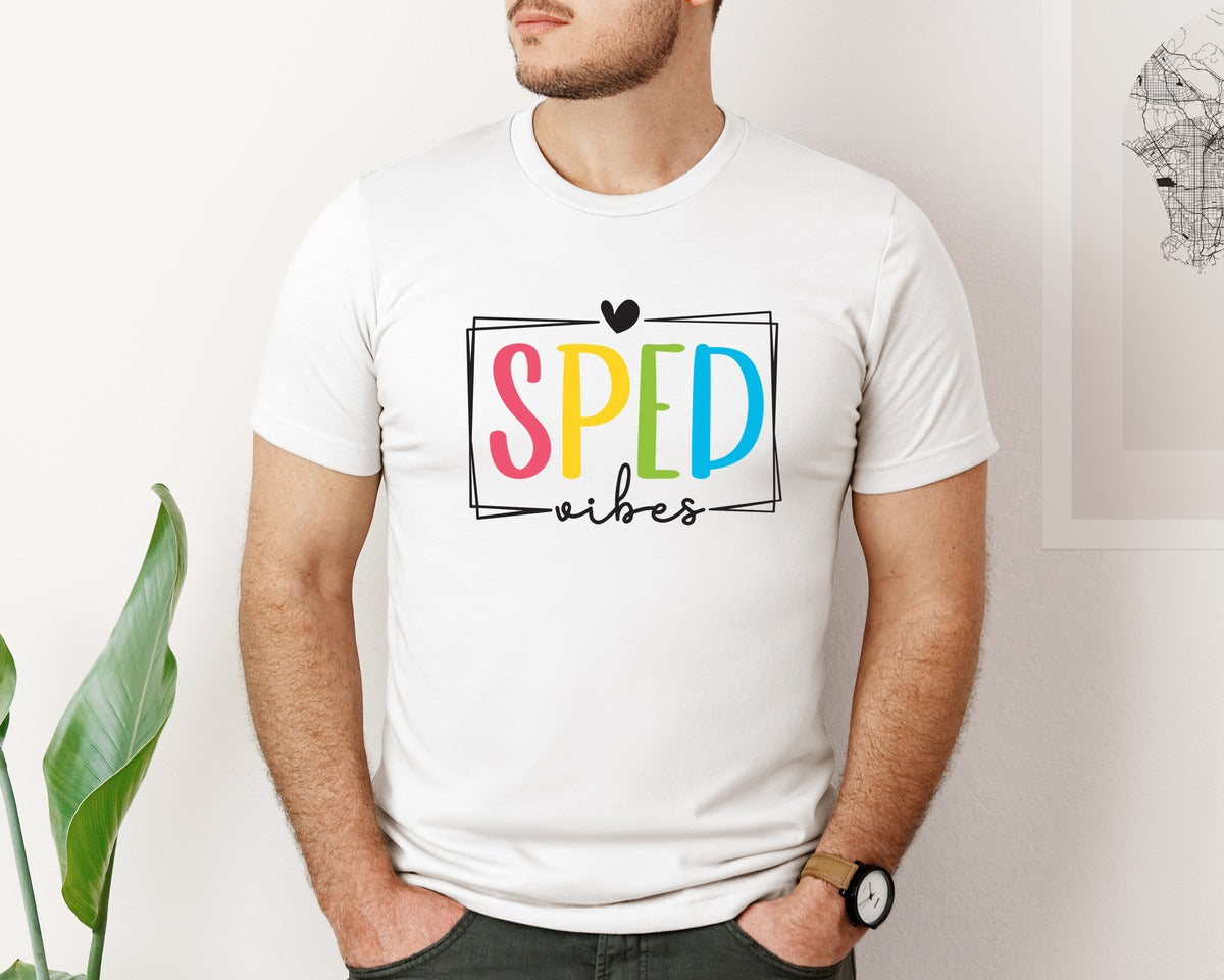 brand:Bella Canvas|color:White|Special Education Teacher Sped Vibes Graphic T-Shirt