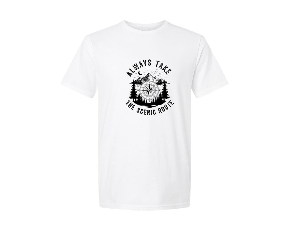 brand:Generic|color:White|Always Take The Scenic Route Compass Graphic T-Shirt