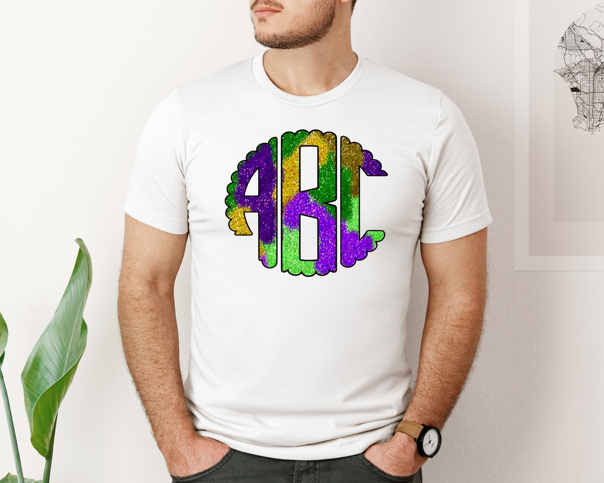 brand:Bella Canvas|color:White|Glitter Mardi Gras Circle Monogram Set Graphic T-Shirt