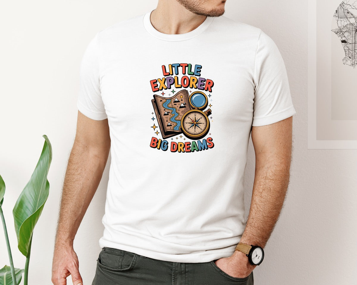 brand:Bella Canvas|color:White|Little Explorer Big Dreams Map Theme Graphic T-Shirt