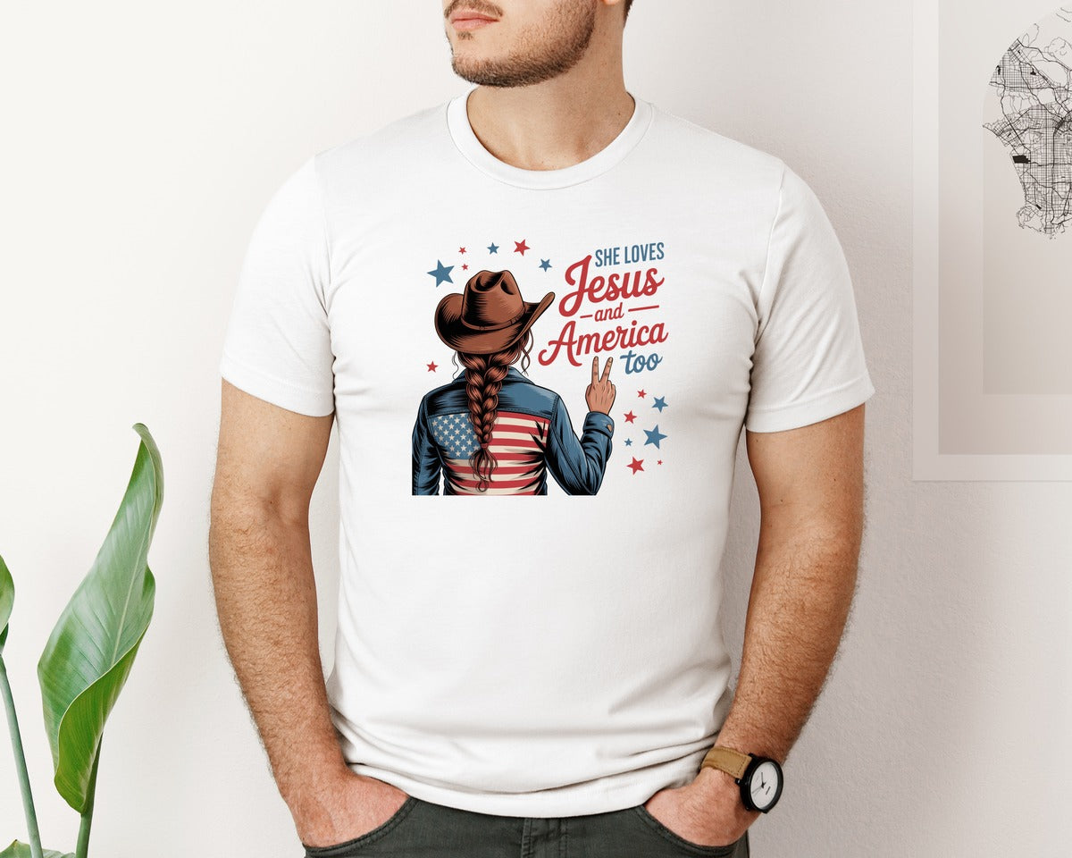 brand:Bella Canvas|color:White|She Loves Jesus America Too 4 Graphic T-Shirt