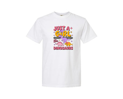 brand:Comfort Colors|color:White|Just A Girl Who Loves Dinosaurs Shirt Graphic T-Shirt