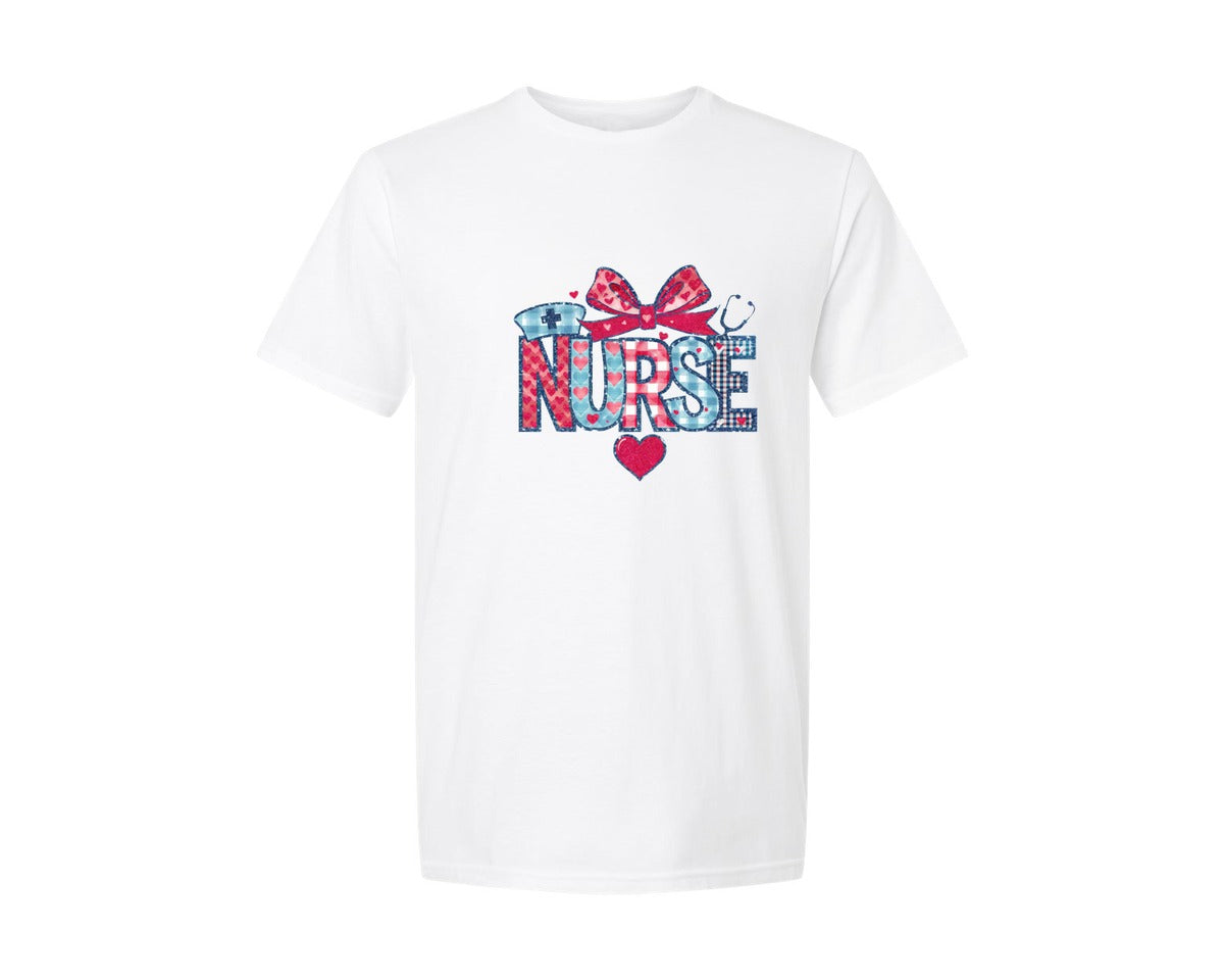 brand:Generic|color:White|Coquette Bow Nurse Medic Hearts Graphic T-Shirt