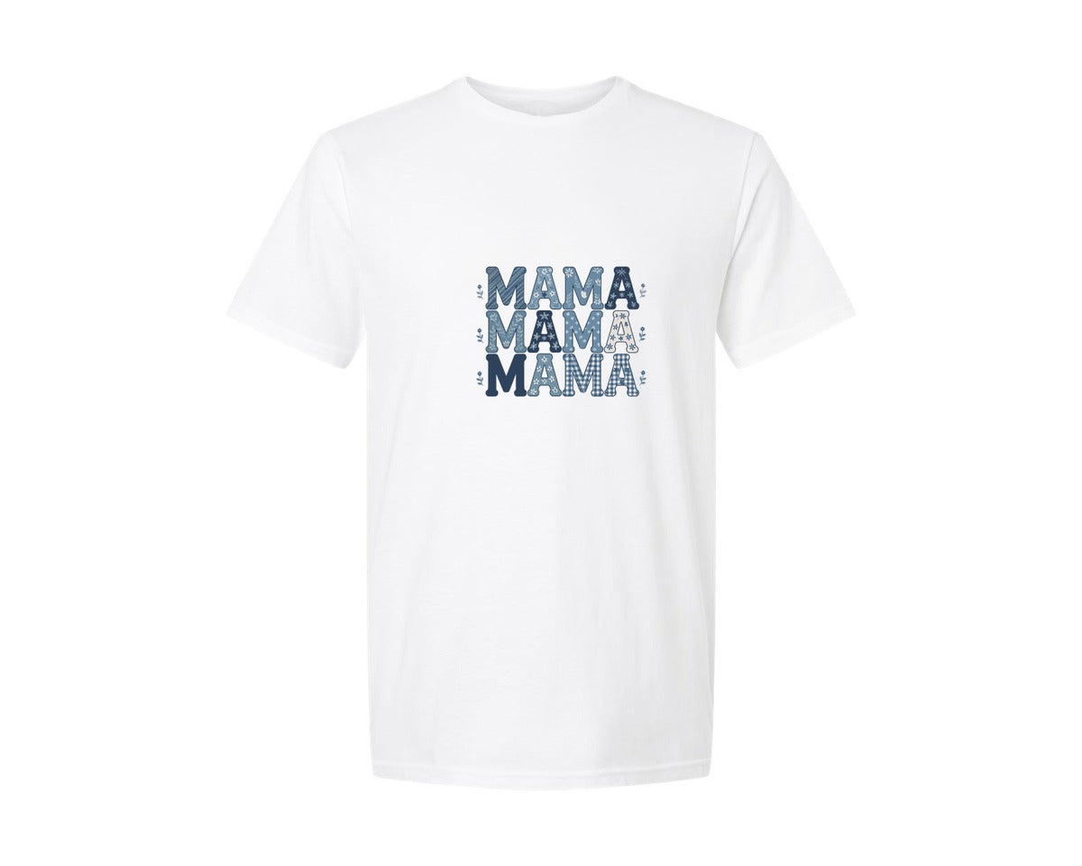 brand:Generic|color:White|Blue Floral Mama Repeating Text Design Graphic T-Shirt