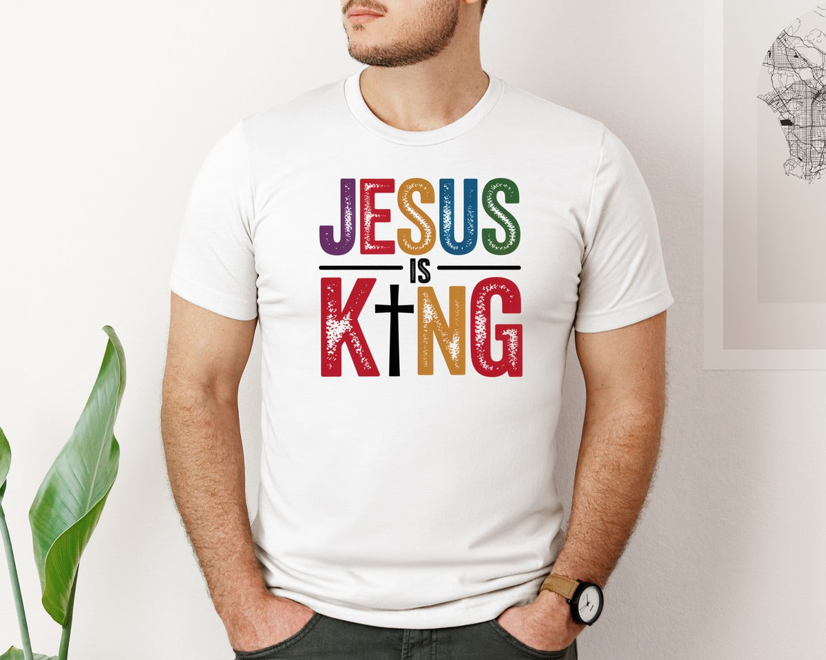 brand:Bella Canvas|color:White|Jesus Is King Religious Graphic T-Shirt