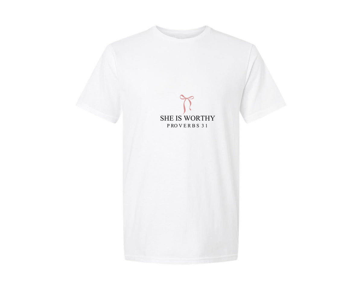 brand:Generic|color:White|She Is Worthy Bow Worthy Bow Graphic T-Shirt