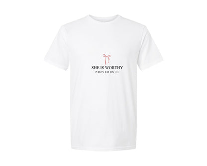 brand:Generic|color:White|She Is Worthy Bow Worthy Bow Graphic T-Shirt