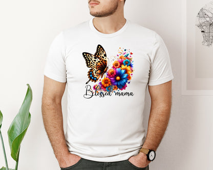 brand:Bella Canvas|color:White|Blessed Mama Butterfly Floral Graphic T-Shirt