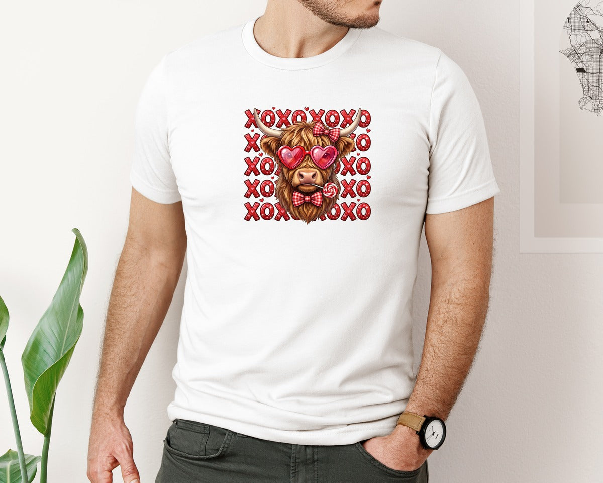 brand:Bella Canvas|color:White|Valentines Day Xoxo Highland Cow Graphic T-Shirt