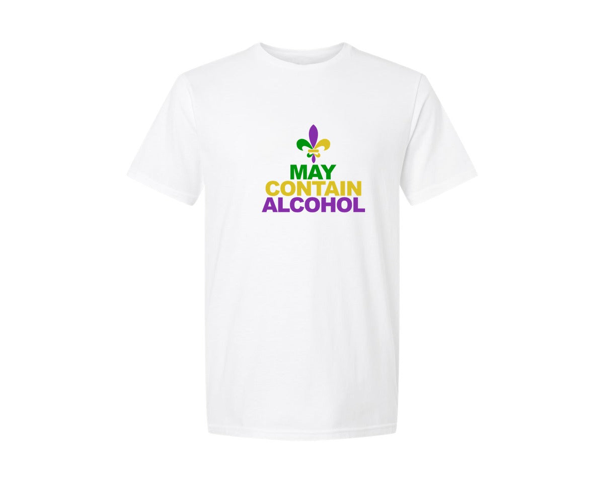 brand:Generic|color:White|May Contain Alcohol Funny Mardi Gras 2 Graphic T-Shirt