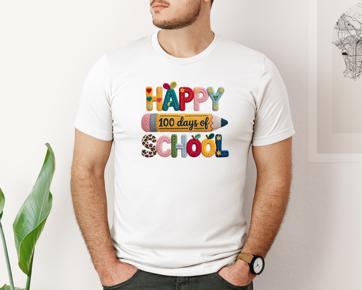 brand:Bella Canvas|color:White|Crochet Happy 100 Days School Books Graphic T-Shirt