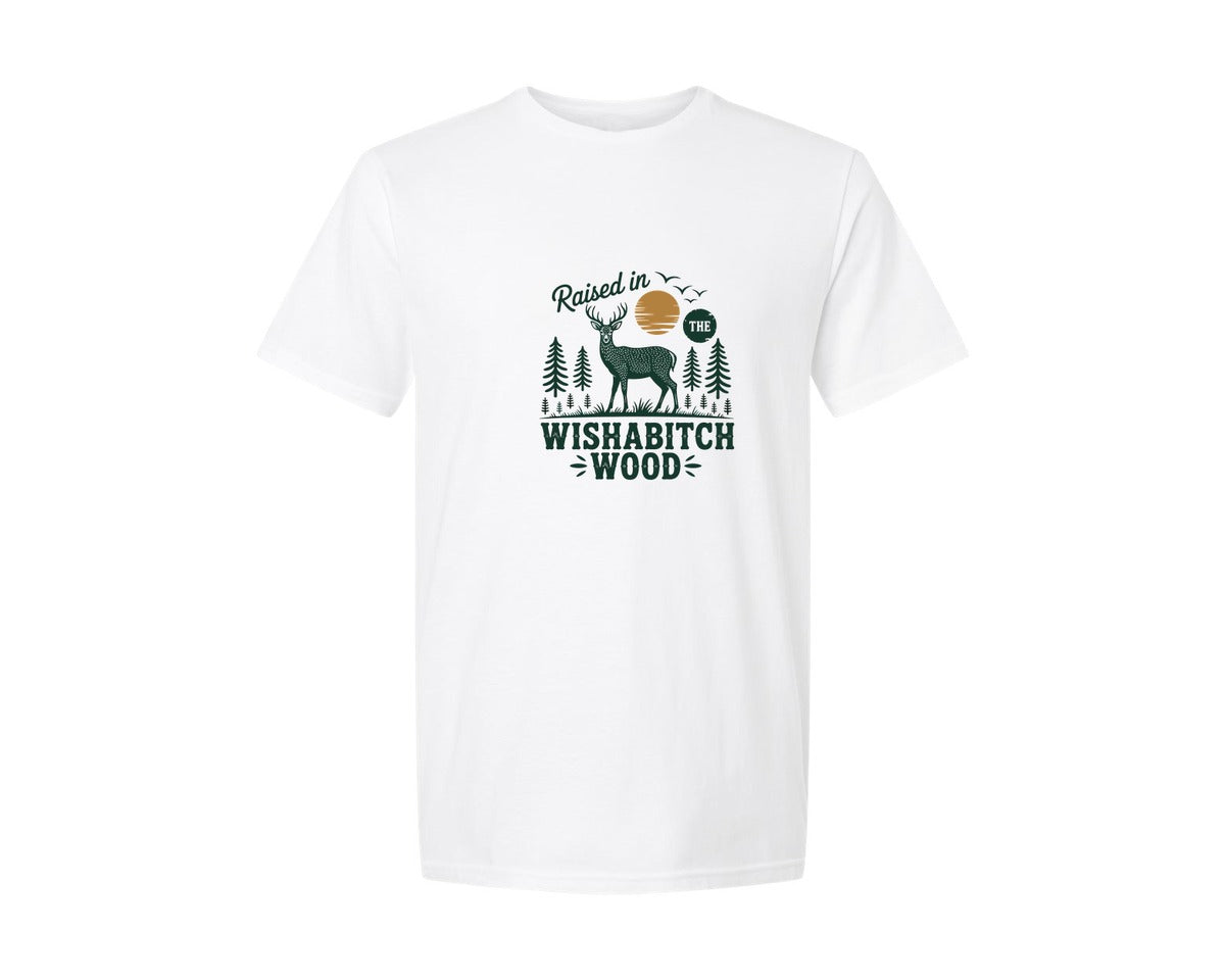 brand:Generic|color:White|Raised In The Wishabitch Woods Camp Graphic T-Shirt
