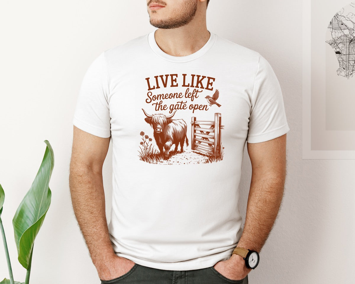 brand:Bella Canvas|color:White|Live Like Someone Left The Gate Open Graphic T-Shirt