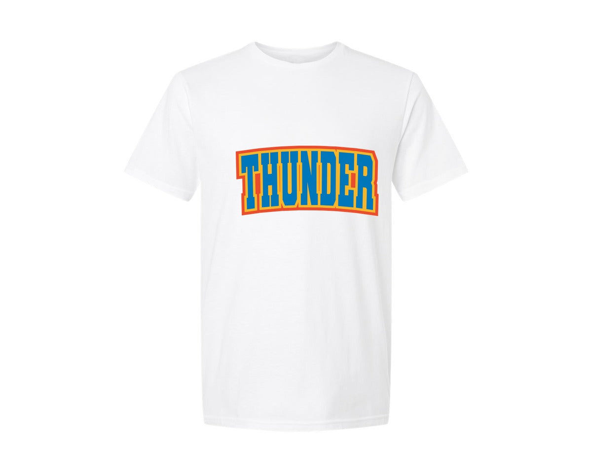 brand:Generic|color:White|Thunder Varsity Curved Blue Orange Yello Graphic T-Shirt