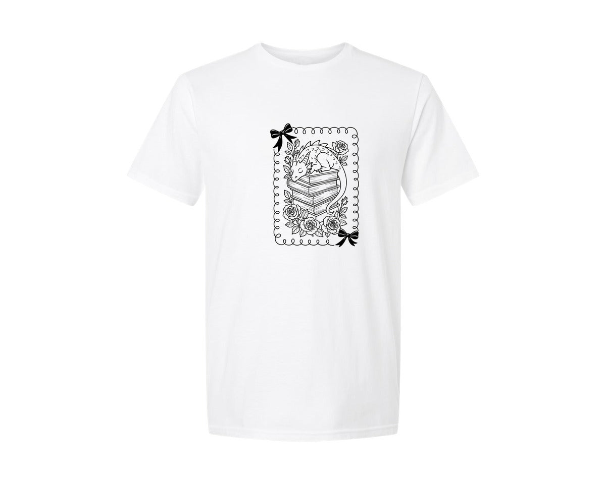 brand:Generic|color:White|Sleeping Dragon Book Stack Desighs Graphic T-Shirt