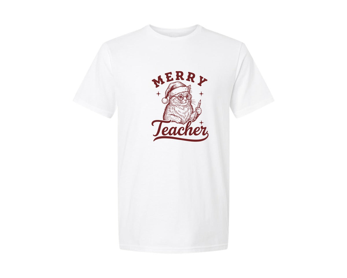 brand:Generic|color:White|Merry Teacher Vintage Christmas Graphic T-Shirt