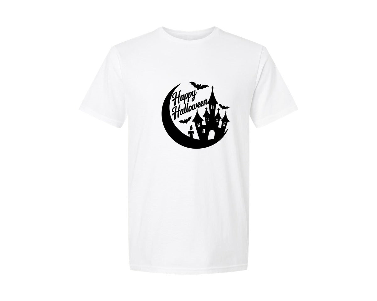 brand:Generic|color:White|Happy Halloween Haunted House Graphic T-Shirt