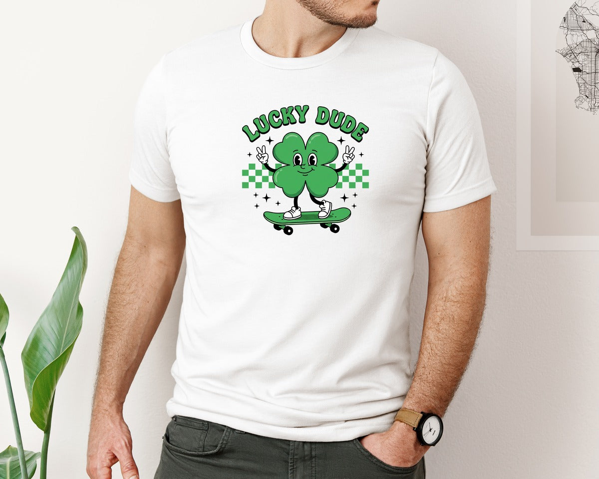 brand:Bella Canvas|color:White|Lucky Dude Clover Skateboard Graphic T-Shirt