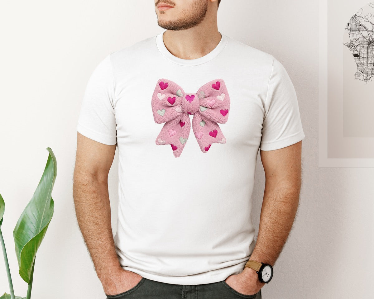 brand:Bella Canvas|color:White|Cute Pink Valentin Yarn Coquette Bow Graphic T-Shirt