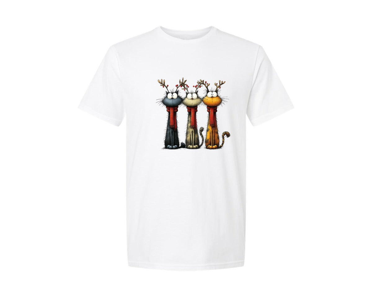 brand:Generic|color:White|Quirky Christmas Three Cat Graphic T-Shirt