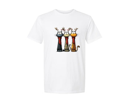 brand:Generic|color:White|Quirky Christmas Three Cat Graphic T-Shirt