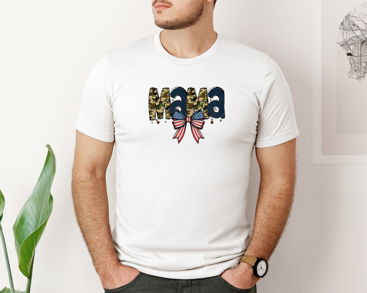 brand:Bella Canvas|color:White|Preppy Veteran Mama Camo Coquette Graphic T-Shirt
