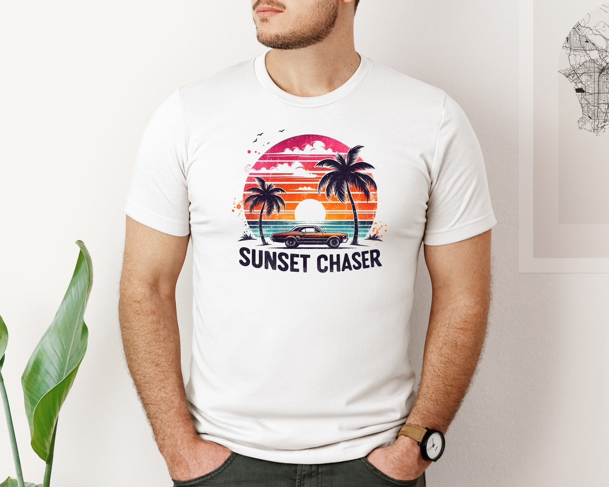 brand:Bella Canvas|color:White|Retro Car Beach Sunset Chaser Graphic T-Shirt